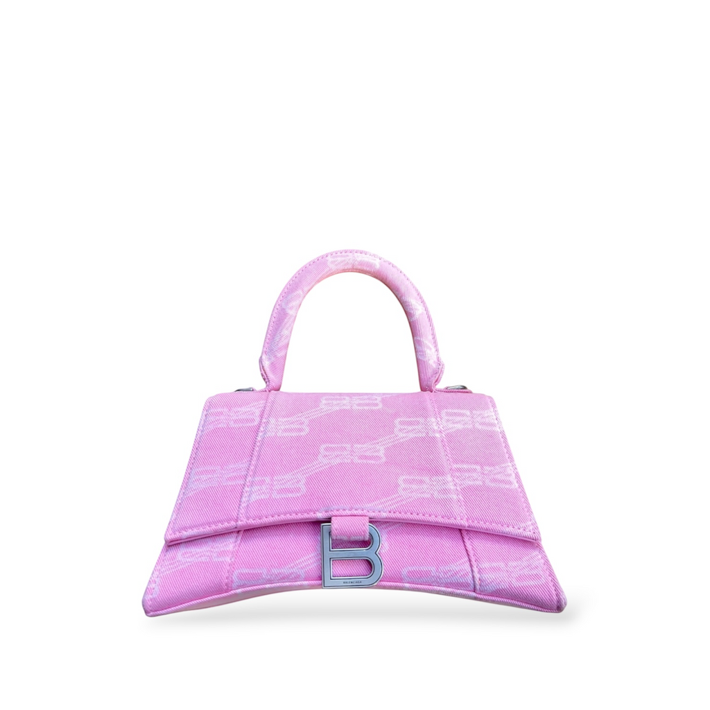 Borsa a mano shapemilano Balenciaga Hourglass rosa con monogramma all-over e logo metallico argentato