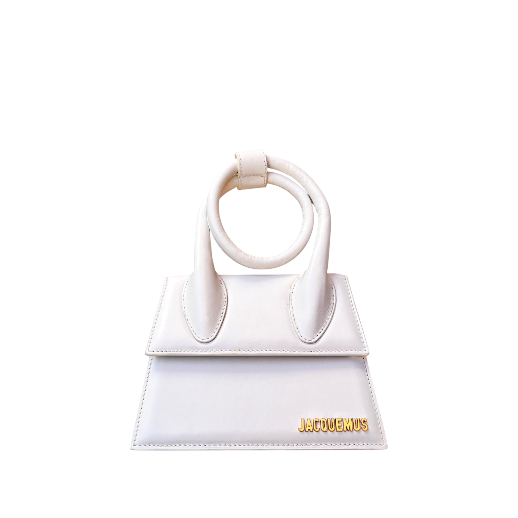 Borsa a mano shapemilano JACQUEMUS in pelle bianca con manico circolare rigido e logo metallico dorato frontale