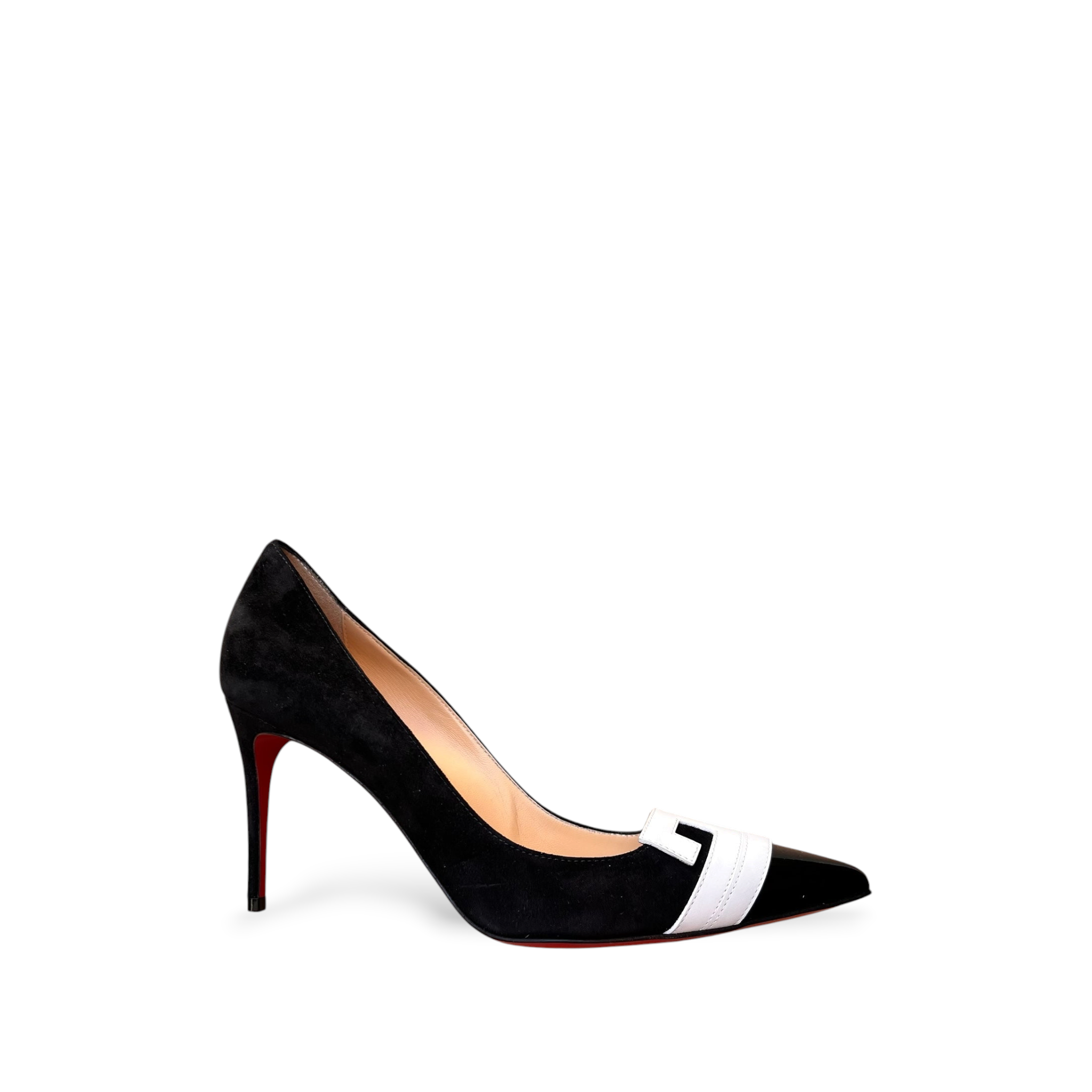 Décolleté Christian Louboutin shapemilano in camoscio nero con punta a contrasto bianca e iconica suola rossa