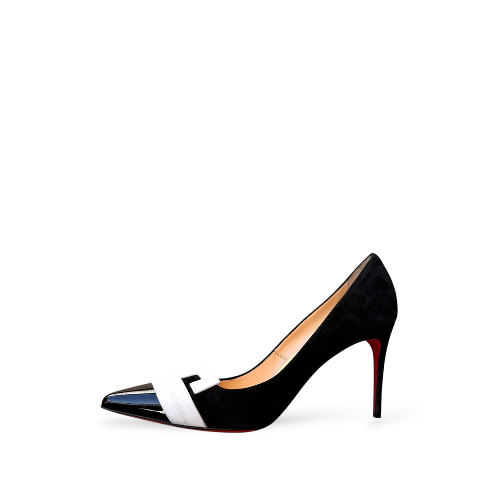 Décolleté Christian Louboutin shapemilano in camoscio nero con punta a contrasto bianca e iconica suola rossa
