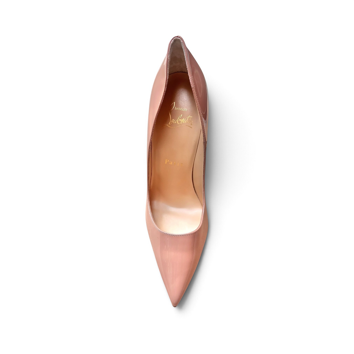 Décolleté Christian Louboutin shapemilano in vernice nude con punta sfilata e logo interno dorato