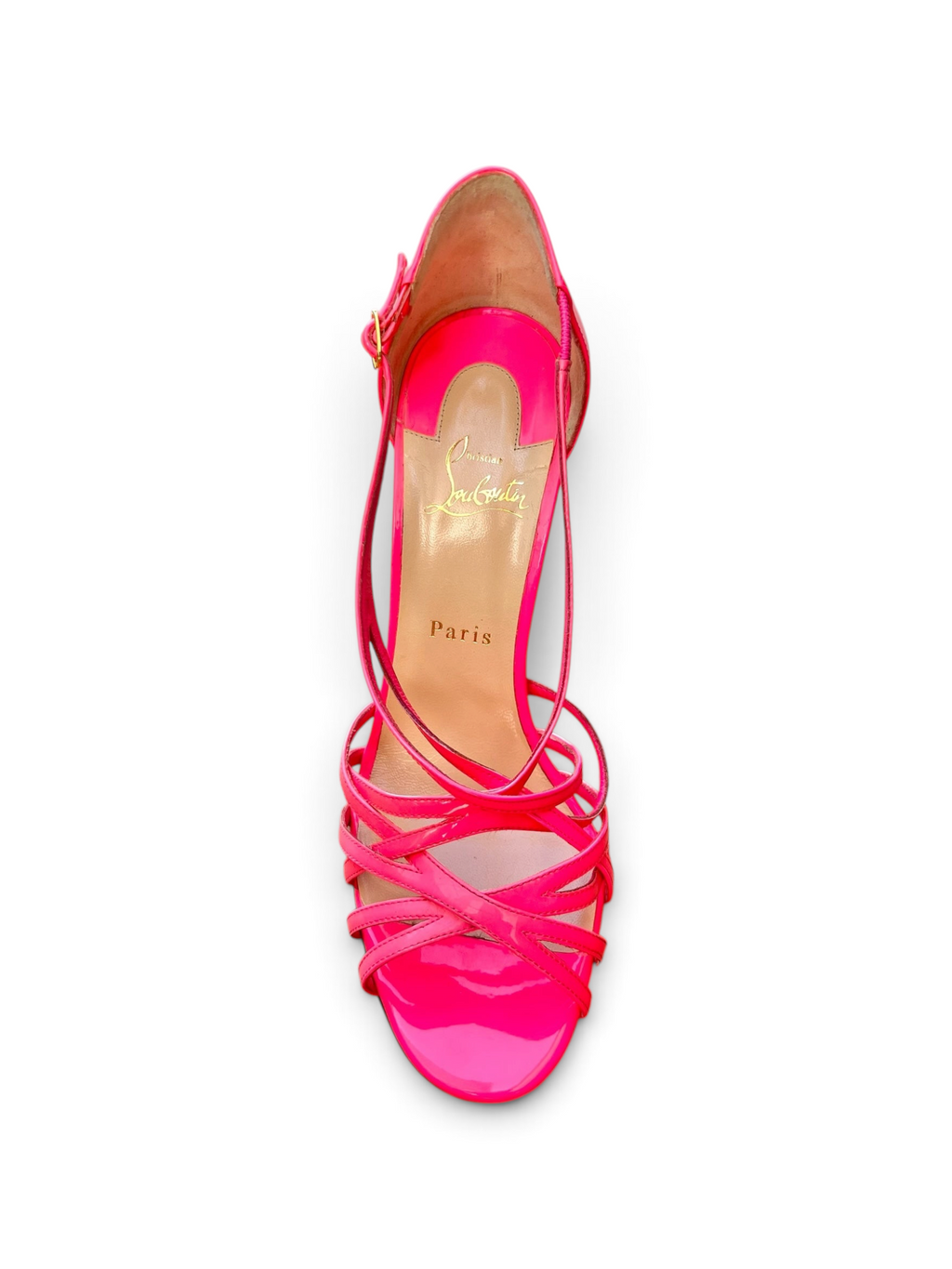Sandali Christian Louboutin con listini intrecciati in vernice rosa neon, tacco a stiletto e suola rossa da shapemilano