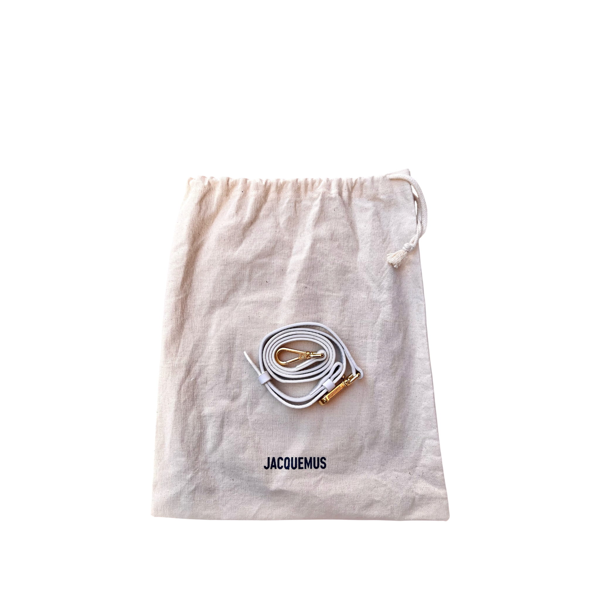 Tracolla rimovibile in pelle bianca con dettagli dorati per borsa shapemilano Jacquemus su sacca protettiva in cotone
